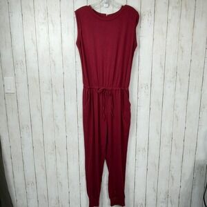ANRABESS Women's Red Sleeveless Drawstring Waist Jogger Jumpsuit Size L